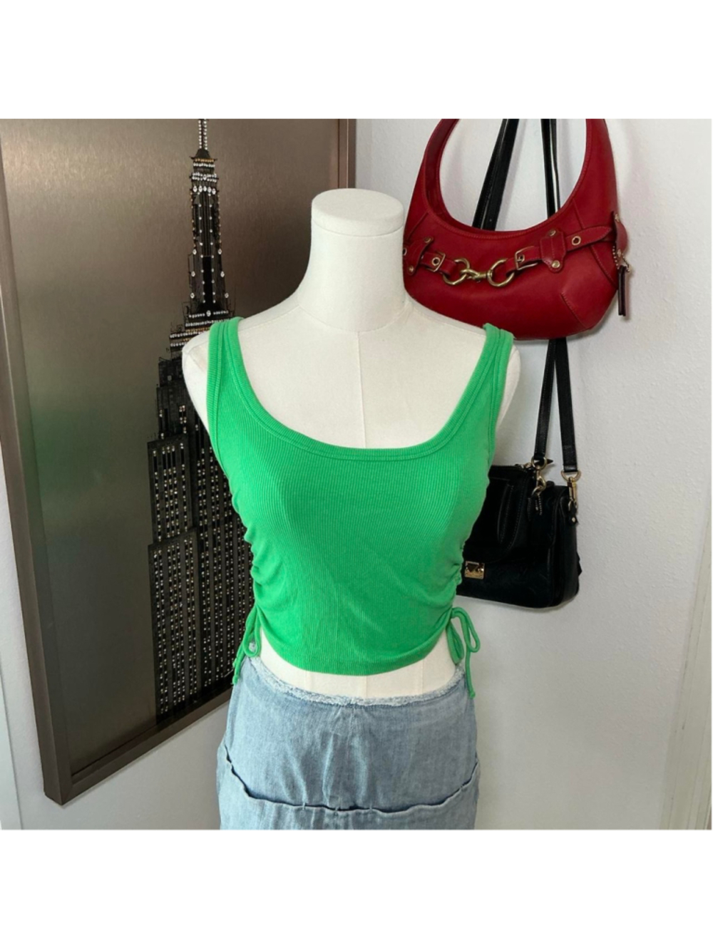Zara Green Ribbed Ruched Side Tie Crop Tank Top Size M